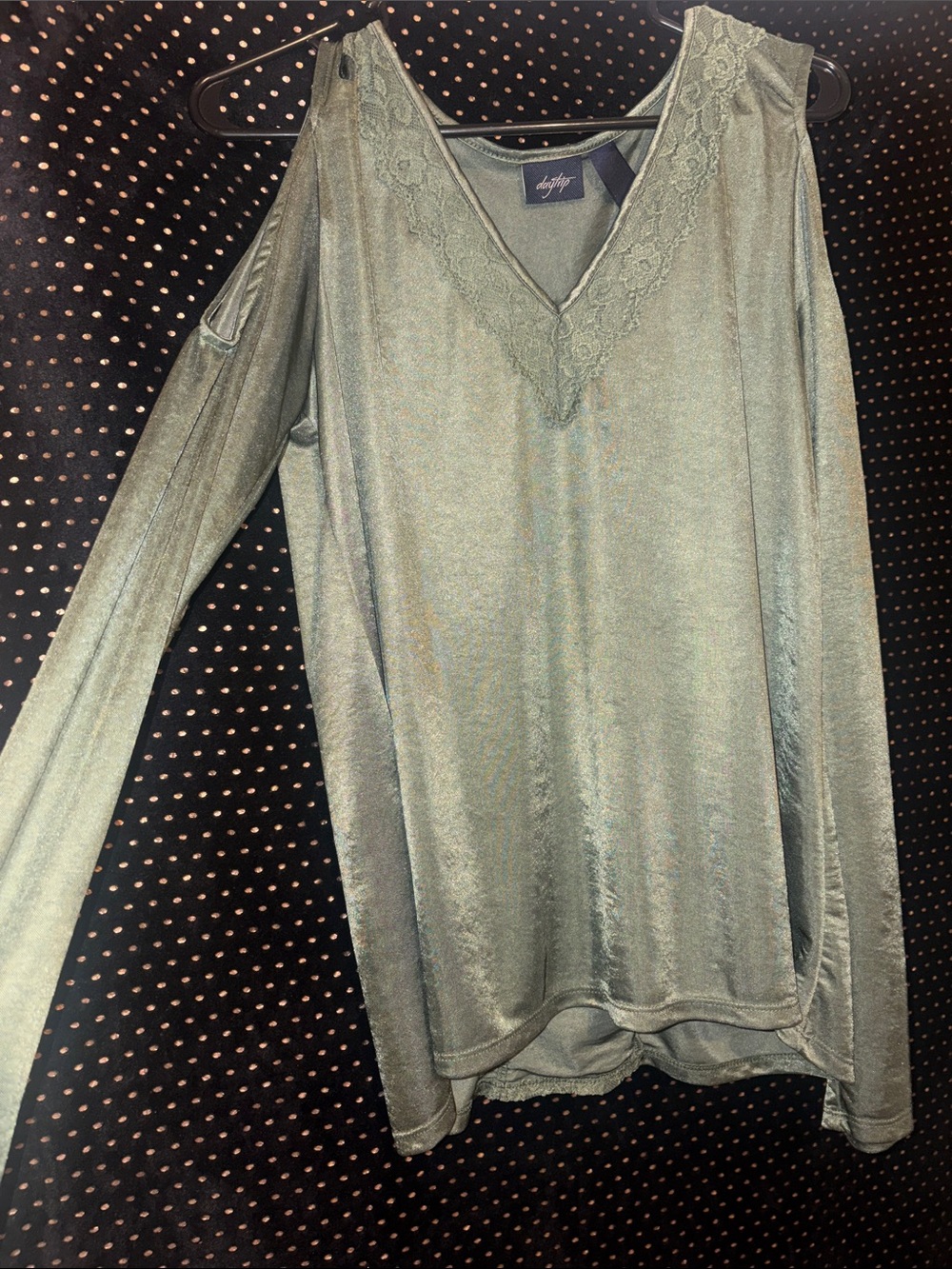 Indigo Shimmery Sage Cold-Shoulder V-Neck Top with Lace Trim
